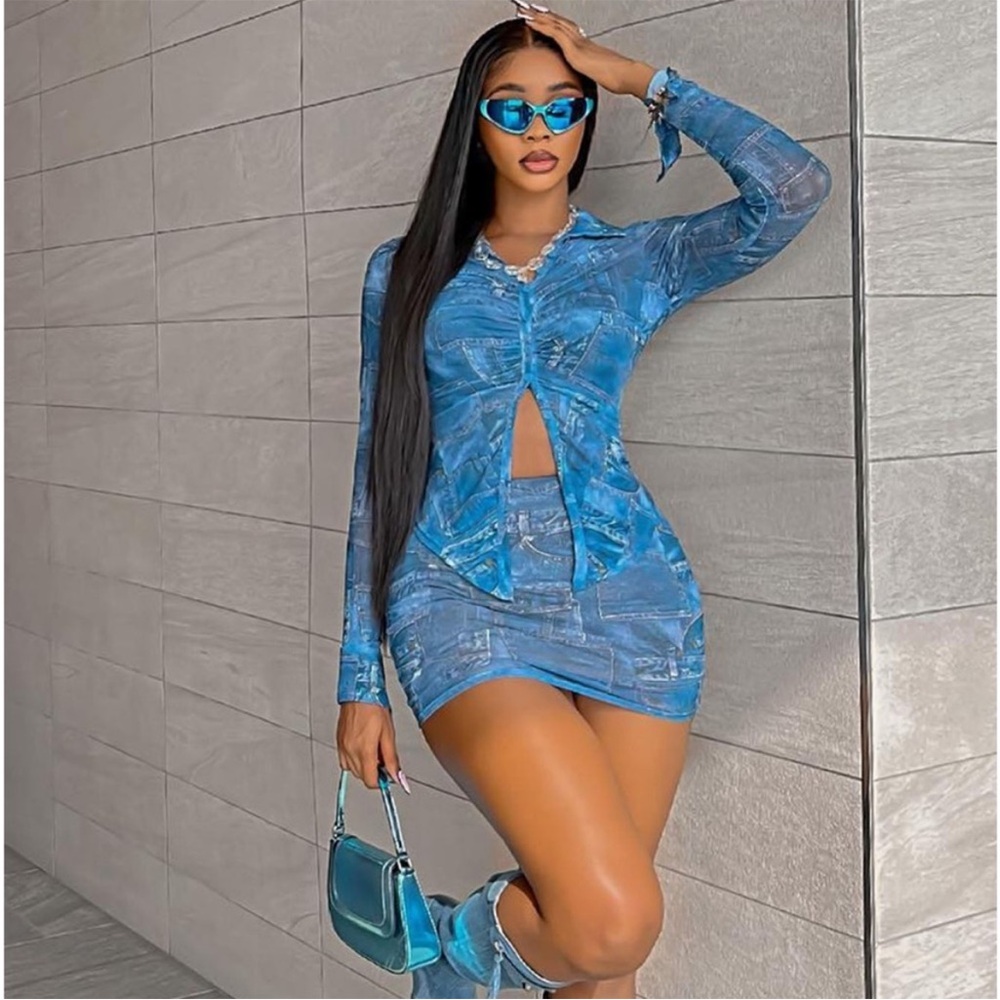 Stylish Blue Two-Piece Set with Accessories